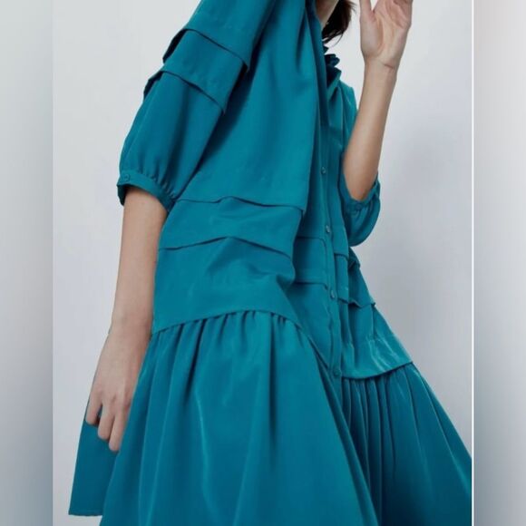 Zara 3/4 sleeve ruffled hem duck blue mini dress - Picture 6 of 10